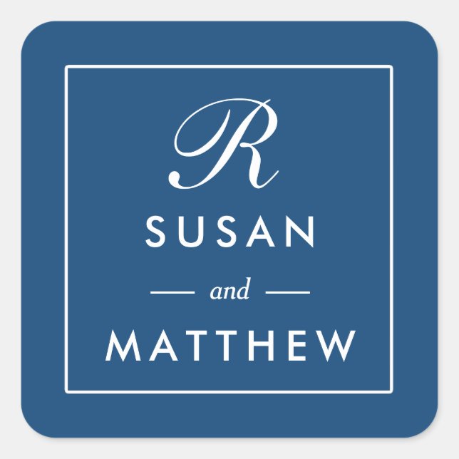 Classic Thin Border Monogram Sticker, Navy Blue Square Sticker (Front)