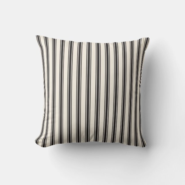 Classic Ticking Stripe Pattern Black and Cream Throw Pillow (Front)