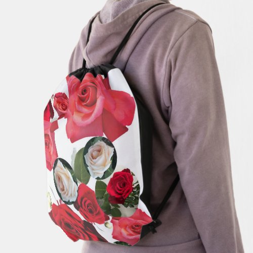 Classic timeless floral redcreamdusty pink roses drawstring bag