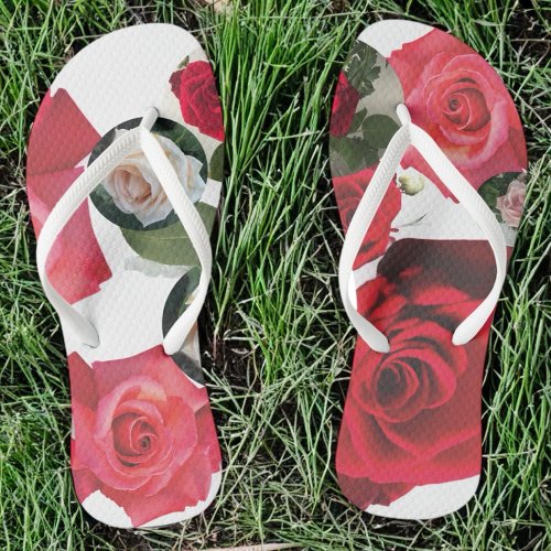 Classic timeless floral redcreamdusty pink roses flip flops