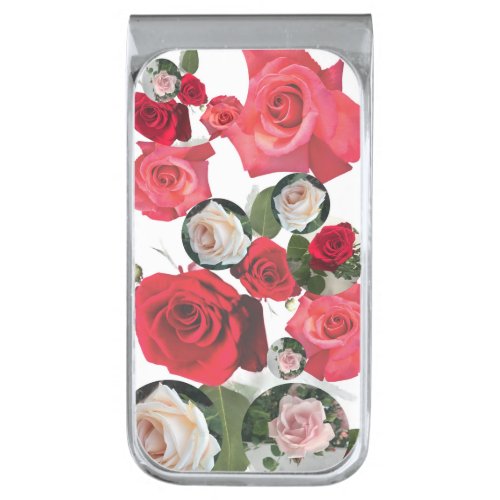 Classic timeless floral redcreamdusty pink roses silver finish money clip