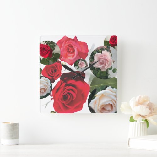 Classic timeless floral redcreamdusty pink roses square wall clock