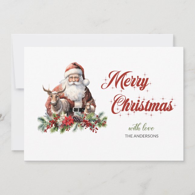 Classic timeless Santa Claus with Reindeer | holly Holiday Card (Front)