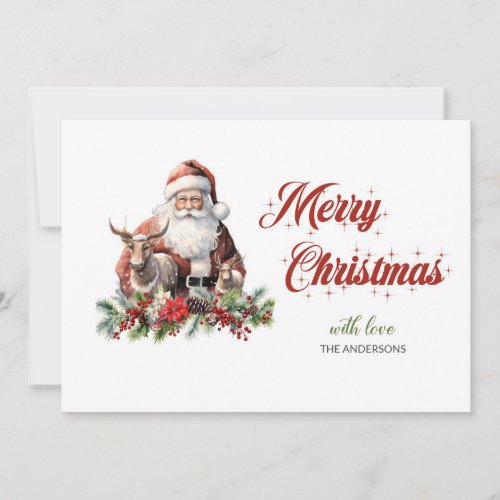 Classic timeless Santa Claus with Reindeer  holly Holiday Card