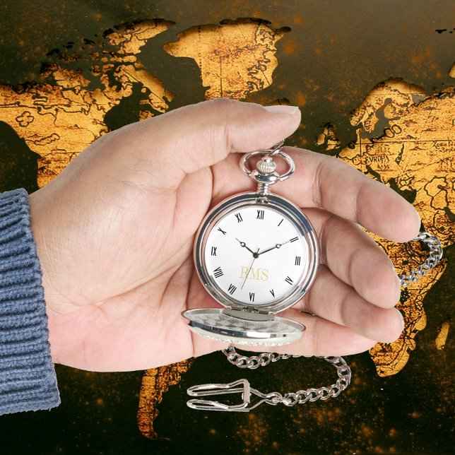 Classic Timepiece Gold Monogram Silver Pocket Watch (Classic Timepiece Gold Monogram Silver Pocket Watch)