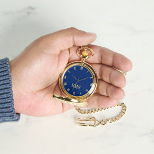 Classic Timepiece Navy Blue Gold Monogram Pocket Watch