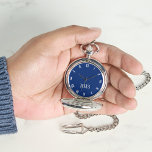 Classic Timepiece Navy Blue Silver Monogram Pocket Watch<br><div class="desc">Custom, personalized, unisex, elegant faux silver monogrammed on dark navy blue color dial, stylish cool unique classy, mens womens unisex, premium alloy, classic timepiece, silver pocket watch. Simply type in your name / monogram / initials, to customize. Makes a great gift, for birthday, graduation, fathers day, christmas, holidays, wedding, marriage...</div>