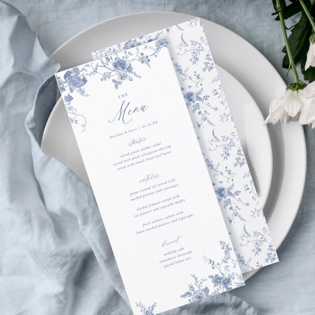 Classic Toile Blue Floral Wedding Table Menu (Creator Uploaded)