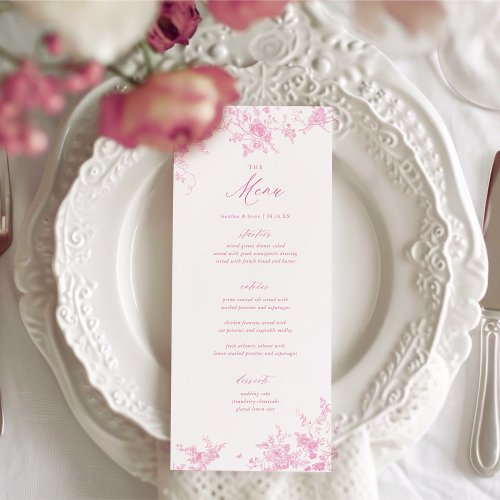 Classic Toile Pink Floral Wedding Table Menu