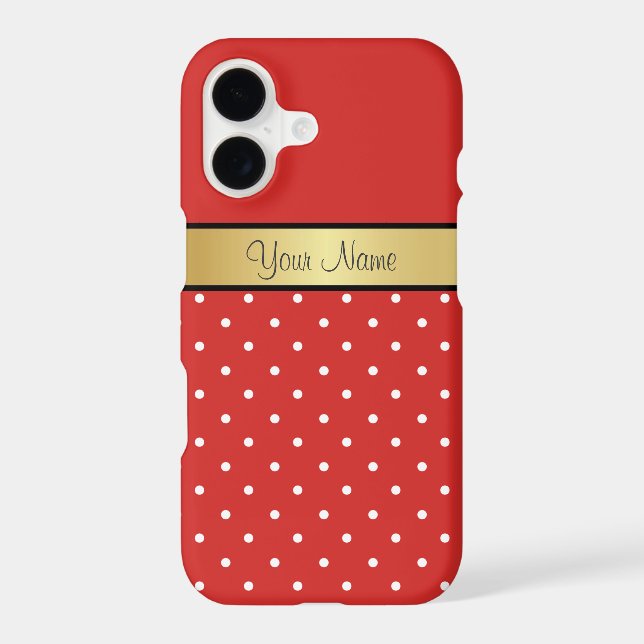 Classic Tomato Red Polka Dots Gold Name Stripe Art Case-Mate iPhone Case (Back)