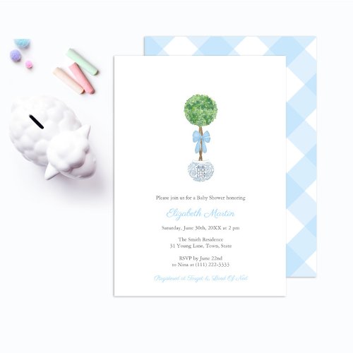 Classic Topiary Ball With Bow Boy Baby Shower Invitation