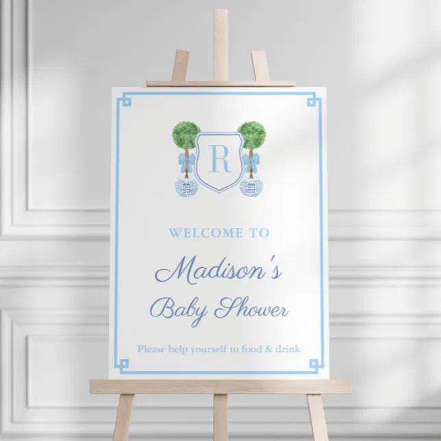 Classic Topiary Blue Bow Boy Baby Shower Welcome Foam Board | Zazzle