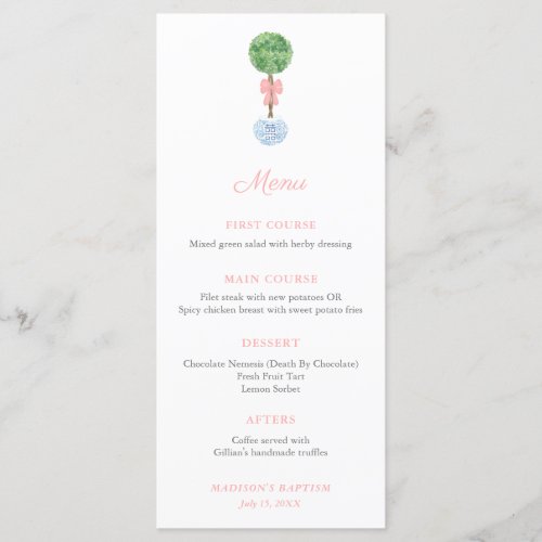 Classic Topiary Pink Bow Baby Girl Baptism Party Menu