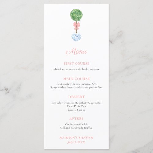 Classic Topiary Pink Bow Baby Girl Baptism Party Menu - Elegant potted Boxwood topiary menu card design to match my invitations and stationery in the same range.