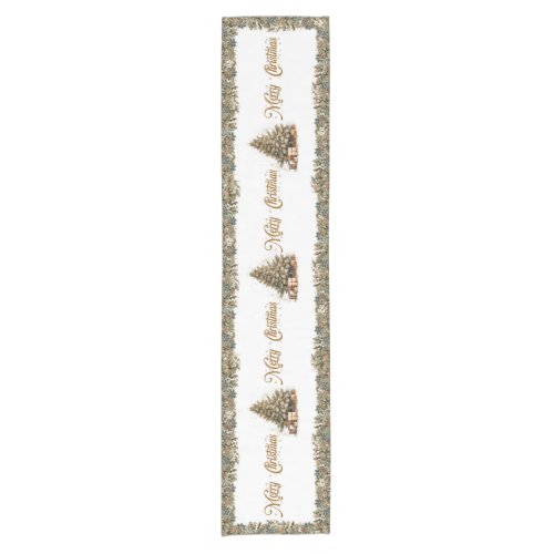 Classic tradition green and gold Christmas tree Short Table Runner