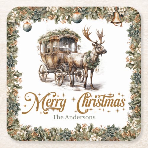 Classic tradition greenery gold Christmas reindeer Square Paper Coaster