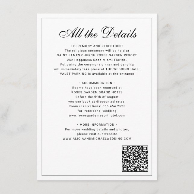 Classic traditional balck white wedding details enclosure card (Front)