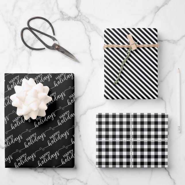 Classic Traditional Black And White Plaid Wrapping Paper Sheets (Front)