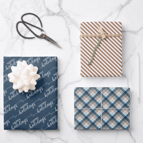 Classic Traditional Blue Taupe Beige White Plaid Wrapping Paper Sheets