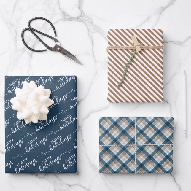 Classic Traditional Blue Taupe Beige White Plaid Wrapping Paper Sheets (Front)