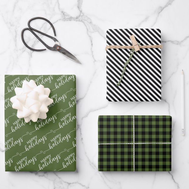 Classic Traditional Dark Forest Green Black Plaid Wrapping Paper Sheets (Front)