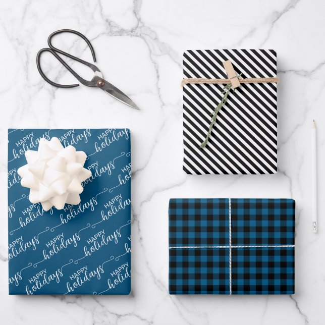Classic Traditional Dark Teal Blue Black Plaid Wrapping Paper Sheets (Front)