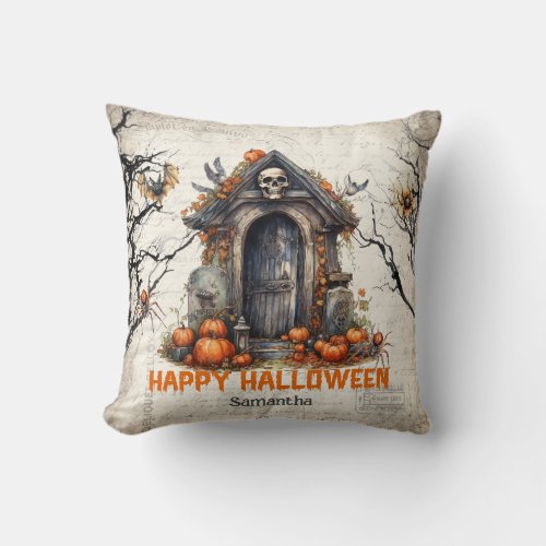 Classic traditional Halloween haunted house Throw Pillow