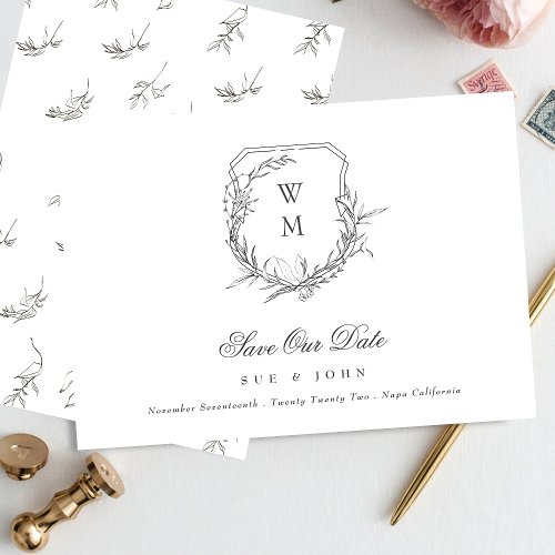 classic traditional leafy monogrammed crest save the date