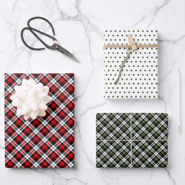 Classic Traditional Red Green Black White Gingham Wrapping Paper Sheets (Front)