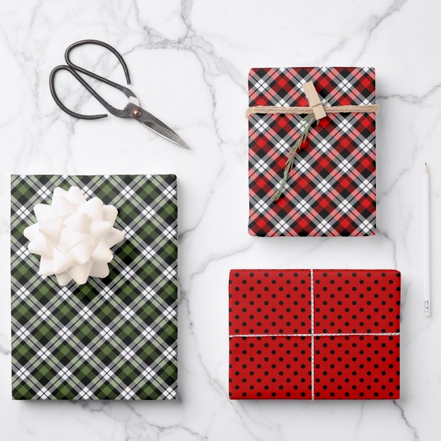 Classic Traditional Red Green Black White Gingham Wrapping Paper Sheets (Front)