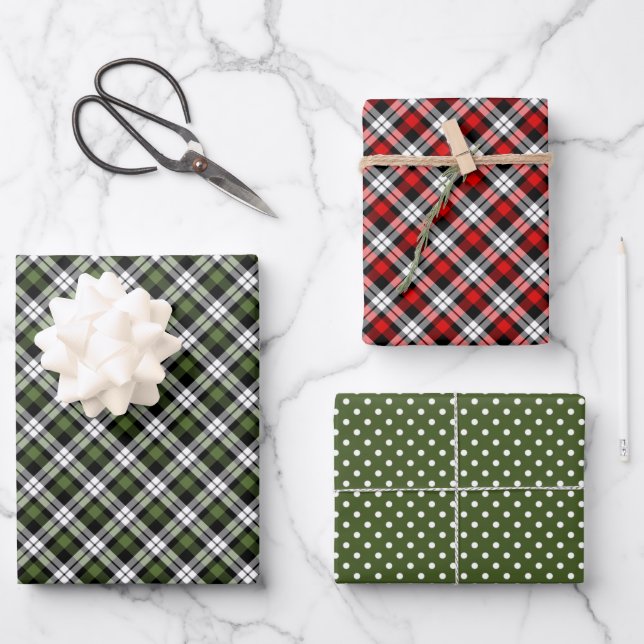 Classic Traditional Red Green Black White Gingham Wrapping Paper Sheets (Front)