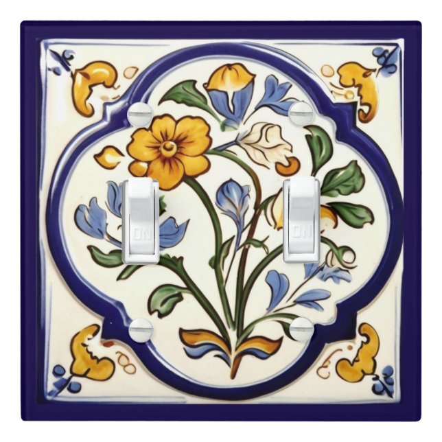 Classic Traditional Yellow Flower Blue Floral Light Switch Cover (In Situ)