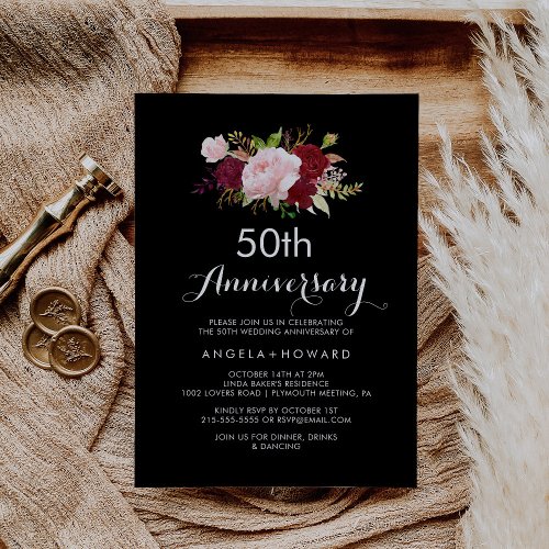 Classic Tropical Black 50th Wedding Anniversary Invitation