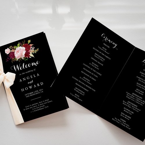 Classic Tropical Black and Burgundy Folded Wedding Program