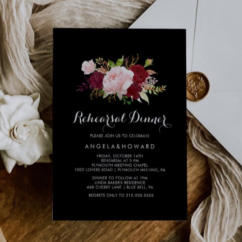 Classic Tropical Black Burgundy Rehearsal Dinner Invitation