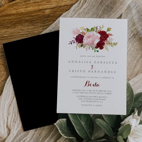 Classic Tropical Black Burgundy Spanish Wedding Invitation