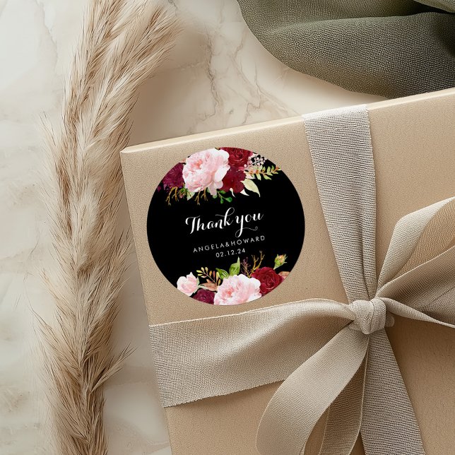 Classic Tropical Black Burgundy Thank You Favor Round Sticker (Creator Uploaded)