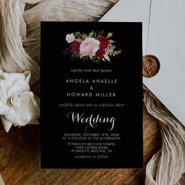 Classic Tropical Black Burgundy Wedding Invitation (Creator Uploaded)