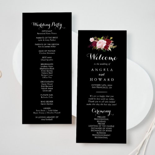 Classic Tropical Black Burgundy Wedding Program