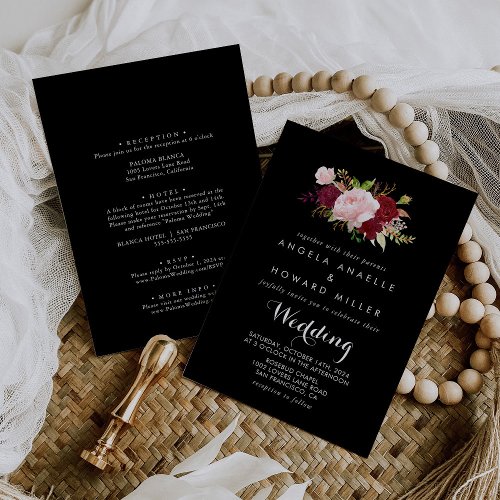 Classic Tropical Black Front  Back Wedding Invitation