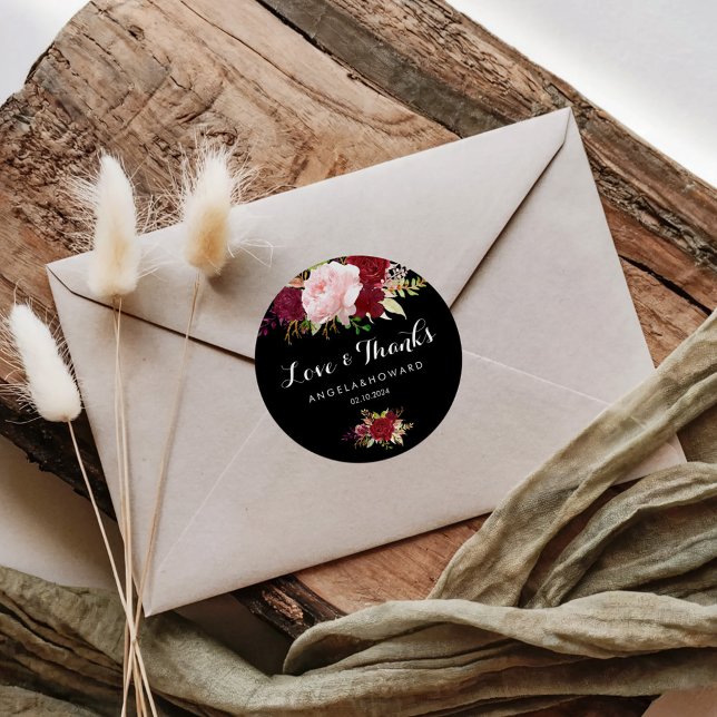 Classic Tropical Black Love & Thanks Wedding Classic Round Sticker (Creator Uploaded)