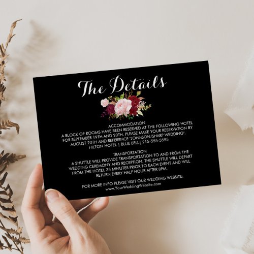 Classic Tropical Black Wedding Details Insert Invitation