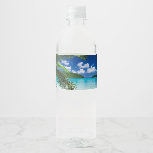 Classic Tropical Island Beach Paradise Water Bottle Label (Front)