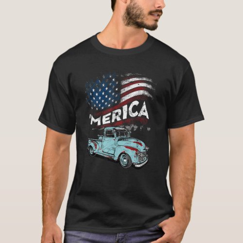 Classic Truck Merica American Flag With Pickup 4th T_Shirt