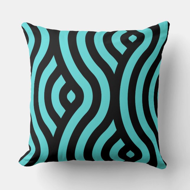 Classic Turquoise and Black Striped Wave Pattern Throw Pillow (Front)