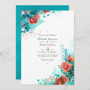 Classic Turquoise and Coral Floral QR Code Wedding Invitation