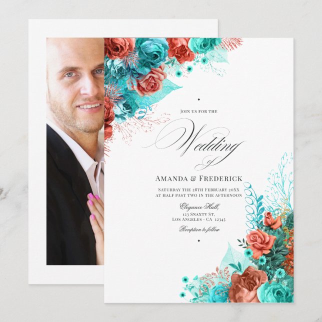 Classic Turquoise and Coral Floral Wedding Photo Invitation (Front/Back)