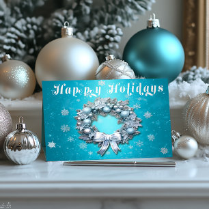 Classic Turquoise Blue & Silver Wreath Christmas Foil Holiday Card