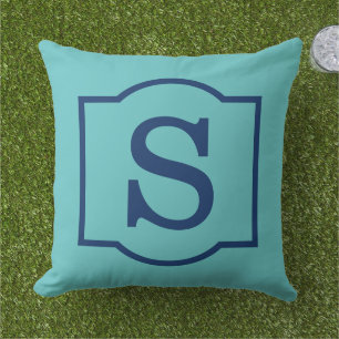 Classic Turquoise Navy Blue Custom Monogram Letter Throw Pillow
