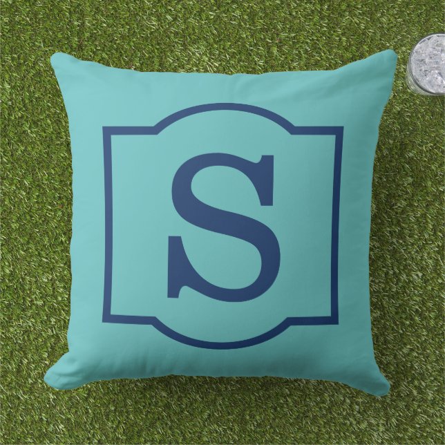 Classic Turquoise Navy Blue Custom Monogram Letter Throw Pillow (Grass)